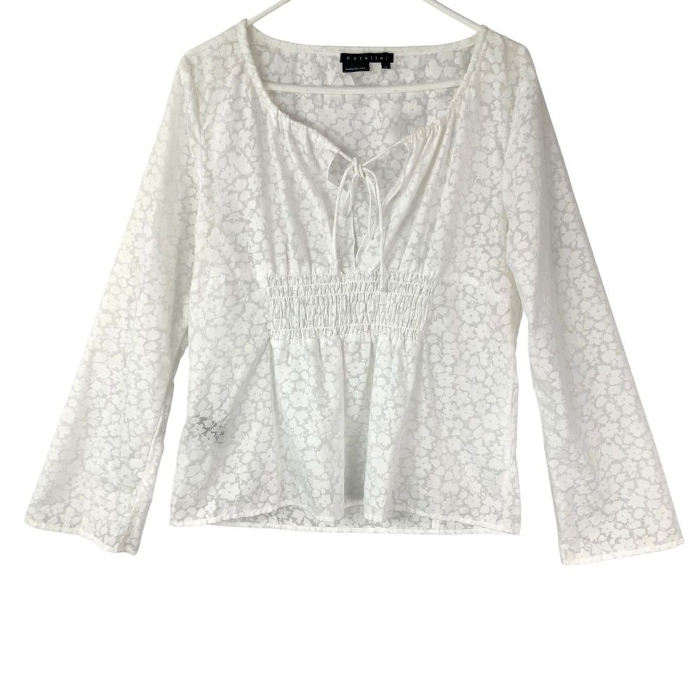 Parallel White Floral Devore Blouse 14 Tie Split Neck Long Bell Sleeve Smock